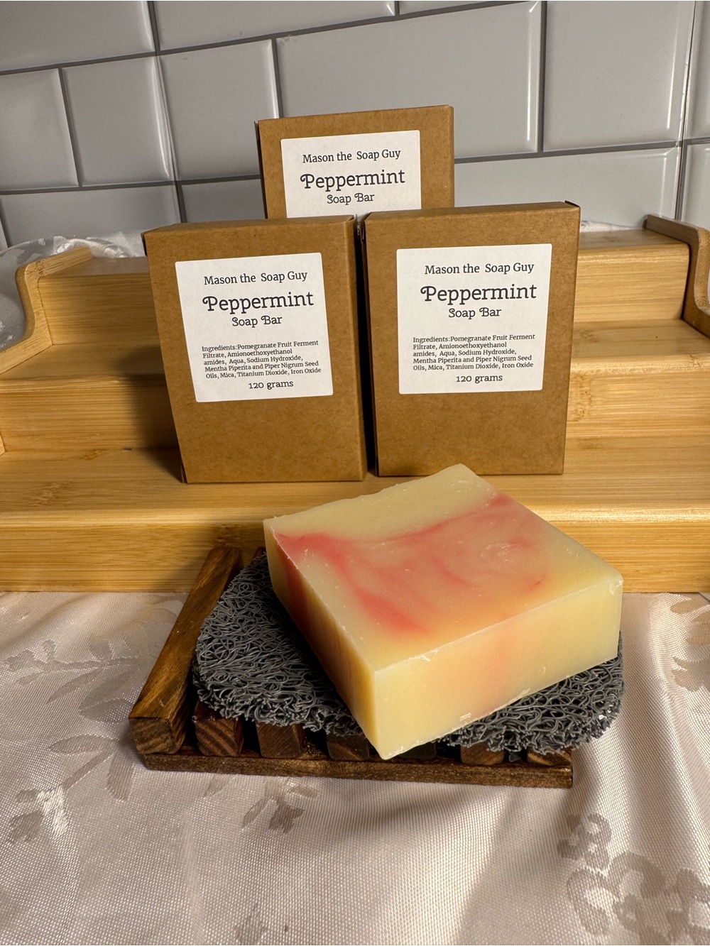 3 Vegan Peppermint Soap Bars, a Soap Saver and Bamboo Soap Dish.